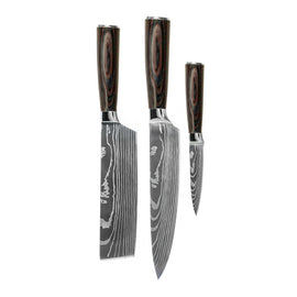 Shinrai Knives - Damascus Print 3-Piece Knife Set - Chef's Knife + Nakiri + Paring Knife