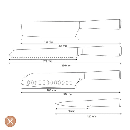 Shinrai Knives - Damascus Print Epoxy Onyx 4-piece Knife Set - Santoku + Bread Knife + Nakiri + Paring Knife