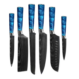 Shinrai Knives - Damascus Print Epoxy Sapphire - 6-piece Knife Set