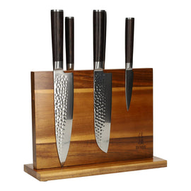 Hammered Damask BR 5-Piece Knife Set + Magnetic Knife Block Double Sided