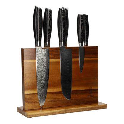 Damask Pakka Wood 6-piece Knife Set + Magnetic Knife Block Double Sided