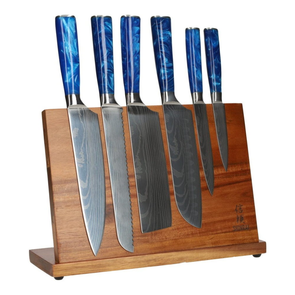 Shinrai Japan - Ensemble de couteaux 6 pièces à imprimé époxy saphir damas + support en acacia simple face