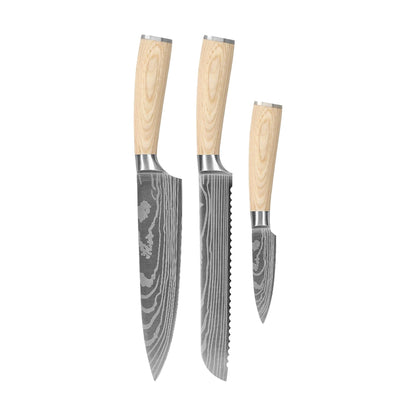 Shinrai Knives - Akari Damascus Print 3-piece set - Chef's knife + Bread knife + Paring knife