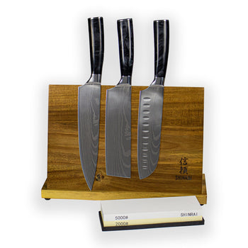 Coffret de 3 couteaux en époxy onyx damassé - Offre spéciale : Coffret XXL avec bloc et pierre à aiguiser - Couteaux Shinrai
