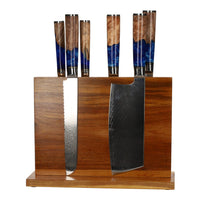 Epoxy Sapphire 6-delige Damascus Messenset + Magnetisch Messenblok Messenset met blok Shinrai Japan 