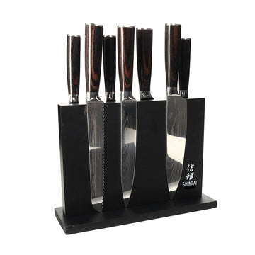 Shinrai Japan - Damascus Print 7-delige Messenset + Magnetisch Messenblok Dubbelzijdig - Zwart Messenset met blok Shinrai Japan 