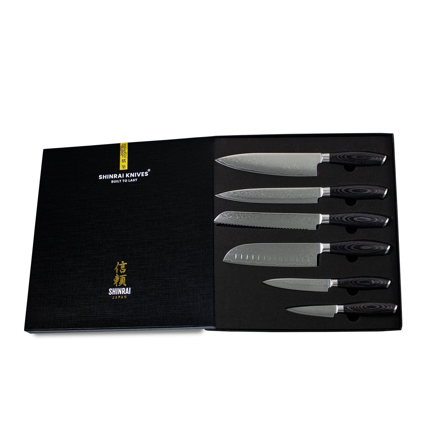 Shinrai Japan - Damast Pakka Wood 6-delige Messenset + Magnetisch Messenblok Scalae - Acacia hout Shinrai Japan 