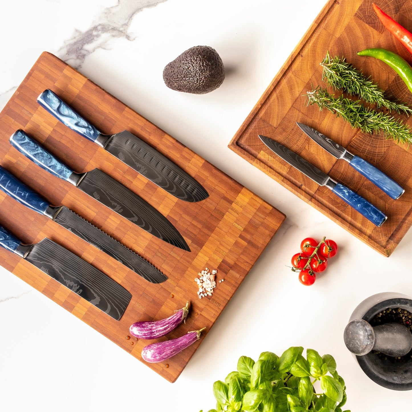 Shinrai Japan - Epoxy Sapphire Damascus Print 6-delige Messenset + Magnetisch Messenblok Scalae - Acacia hout Messenset met blok Shinrai Japan 