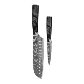 Shinrai Knives - Damascus Print Epoxy Onyx 2-delige Messenset - Santoku + Schilmes Messenset Shinrai Knives 