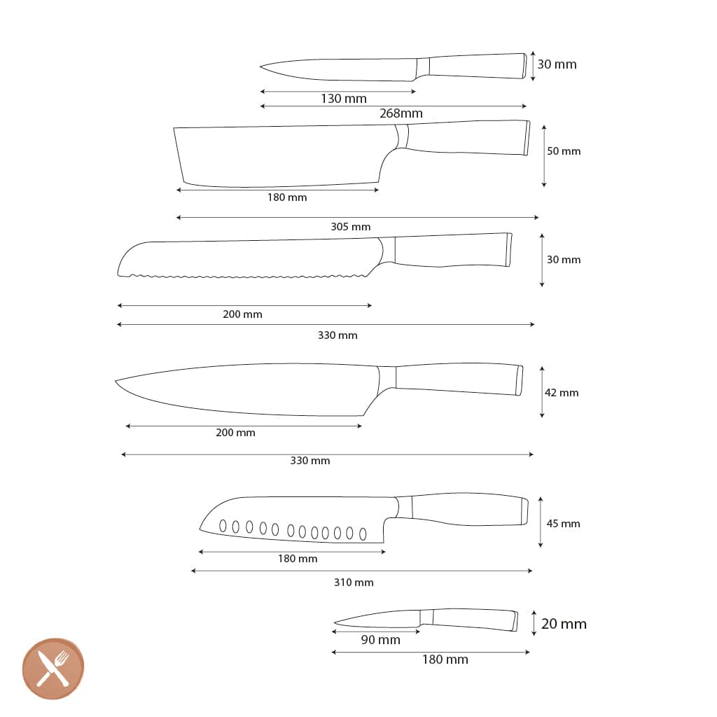 Shinrai Knives - Damascus Print Epoxy Sapphire - 6-delige Messenset Messenset Shinrai Knives 