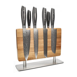 Couteaux Shinrai - Coffret de 6 couteaux en bois Damas Pakka + bloc à couteaux - Couteaux Shinrai découpés à l'emporte-pièce