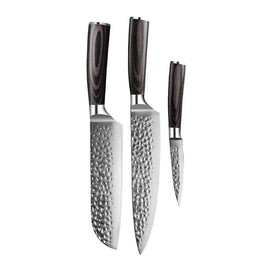 Shinrai Knives - Hammered RVS 3-delige Messenset - Koksmes + Santoku + Schilmes Messenset Shinrai Knives 
