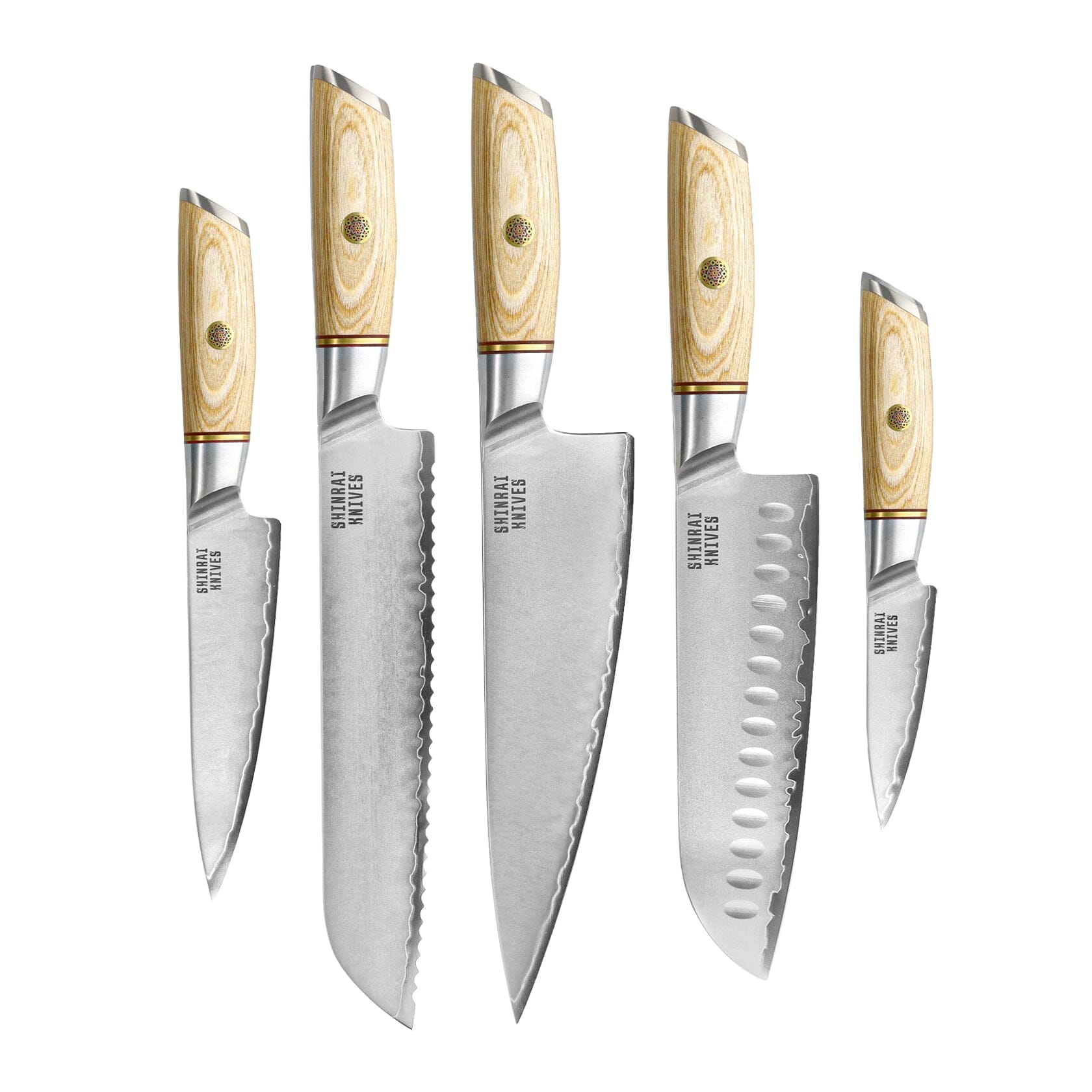 Shinrai Knives - Hikari Damascus 5-delige messenset + Messenblok Dubbelzijdig Messenset met blok Shinrai Knives 