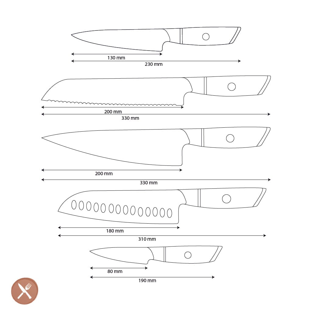 Shinrai Knives - Hikari Damascus 5-delige messenset + Messenblok Rotate Messenset met blok Shinrai Knives 
