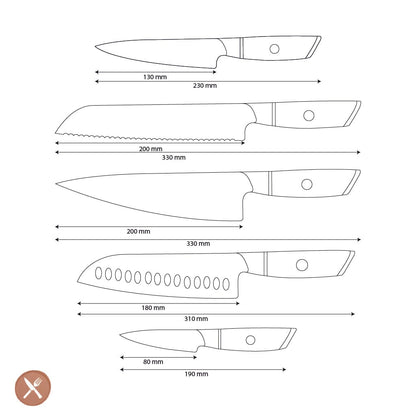 Shinrai Knives - Hikari Damascus 5-delige messenset + Messenblok Rotate Messenset met blok Shinrai Knives 