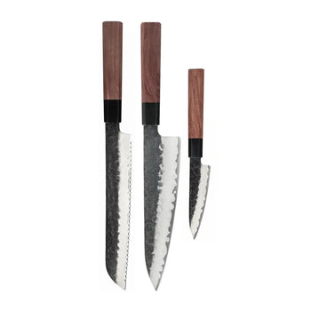 Couteaux Shinrai - Coffret de 3 couteaux damas Kurayami - Couteau de chef + Couteau à pain + Couteau d'office