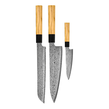 Couteaux Shinrai - Coffret de 3 couteaux damas Takumi Kaza - Couteau de chef + Couteau à pain + Couteau d'office