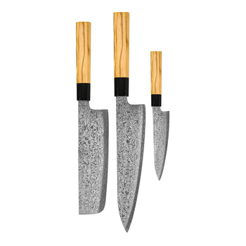 Couteaux Shinrai - Ensemble de couteaux Damas 3 pièces Takumi Kaza - Couteau de chef + Nakiri + Couteau d'office Ensemble de couteaux Shinrai Knives