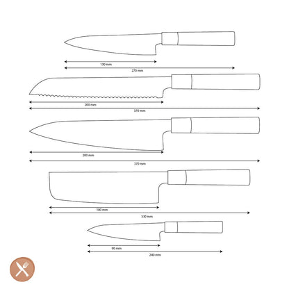 Shinrai Knives - Takumi Kaza 5-delige Damascus Messenset - Koksmes + Broodmes + Nakiri + Officemes + Schilmes Messenset Shinrai Knives 