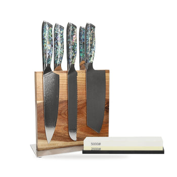 Shinrai Knives - Mother of Pearl Jewels 5-Piece Knife Set + Knife Block + Sharpening Stone