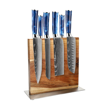 Shinrai Knives - Damascus Print Sapphire 6-piece Knife Set + Knife Block Cito double-sided