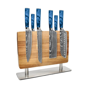 Shinrai Knives - Damascus print Sapphire 6-piece Knife set + Knife block punch