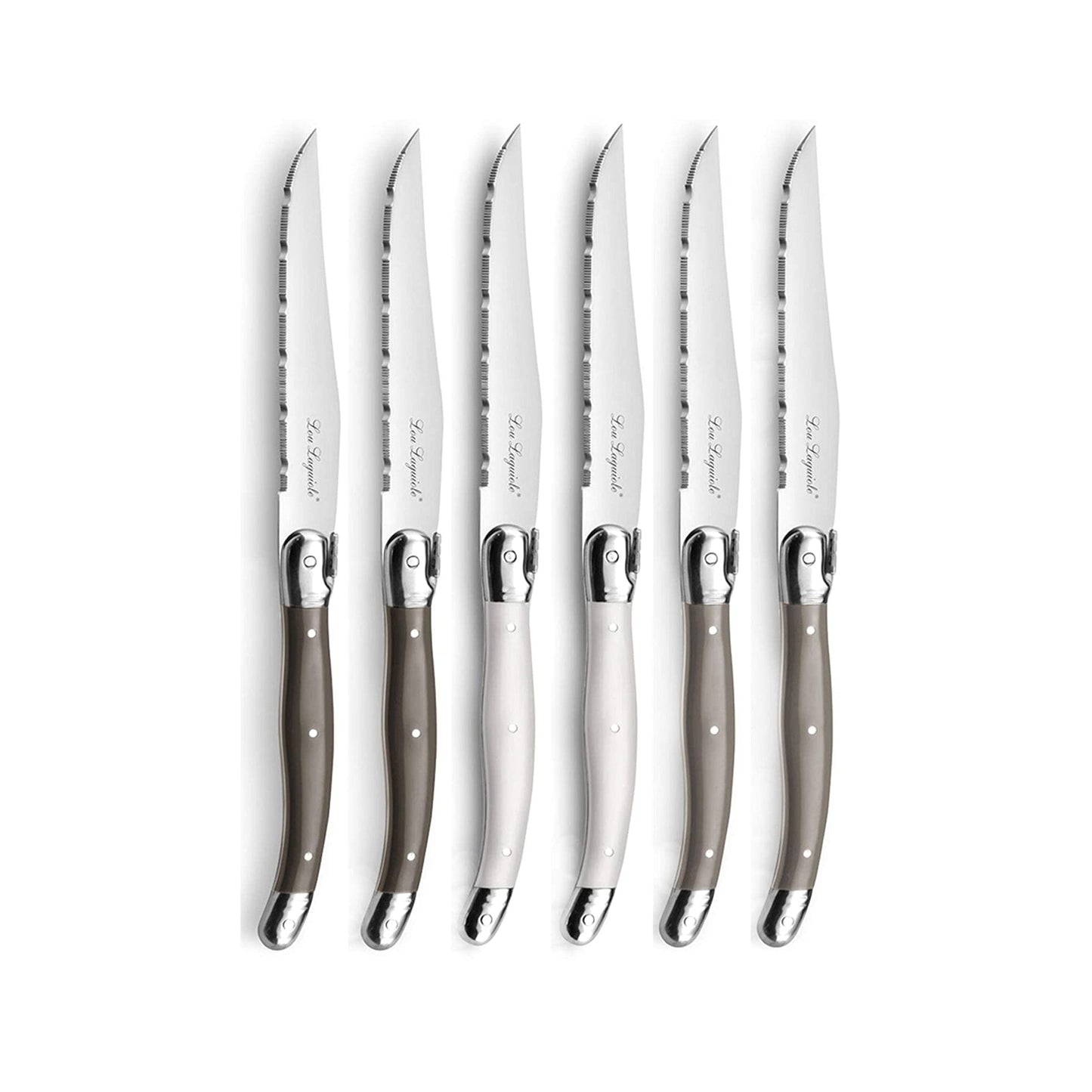 Lou Laguiole - 6-pc steak knives in wooden block- mixed colors (pepper/pearl/taupe) Steakmes Lou Laguiole 