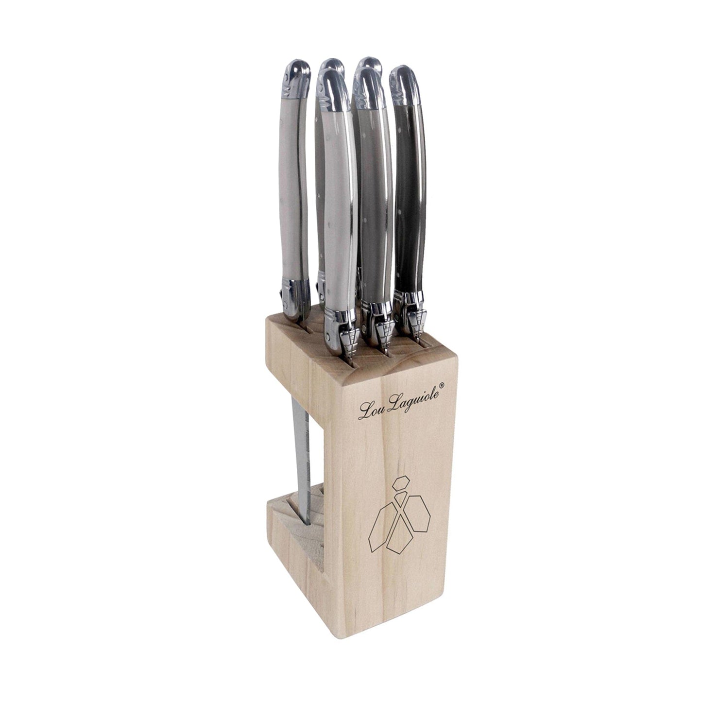 Lou Laguiole - 6-pc steak knives in wooden block- mixed colors (pepper/pearl/taupe) Steakmes Lou Laguiole 