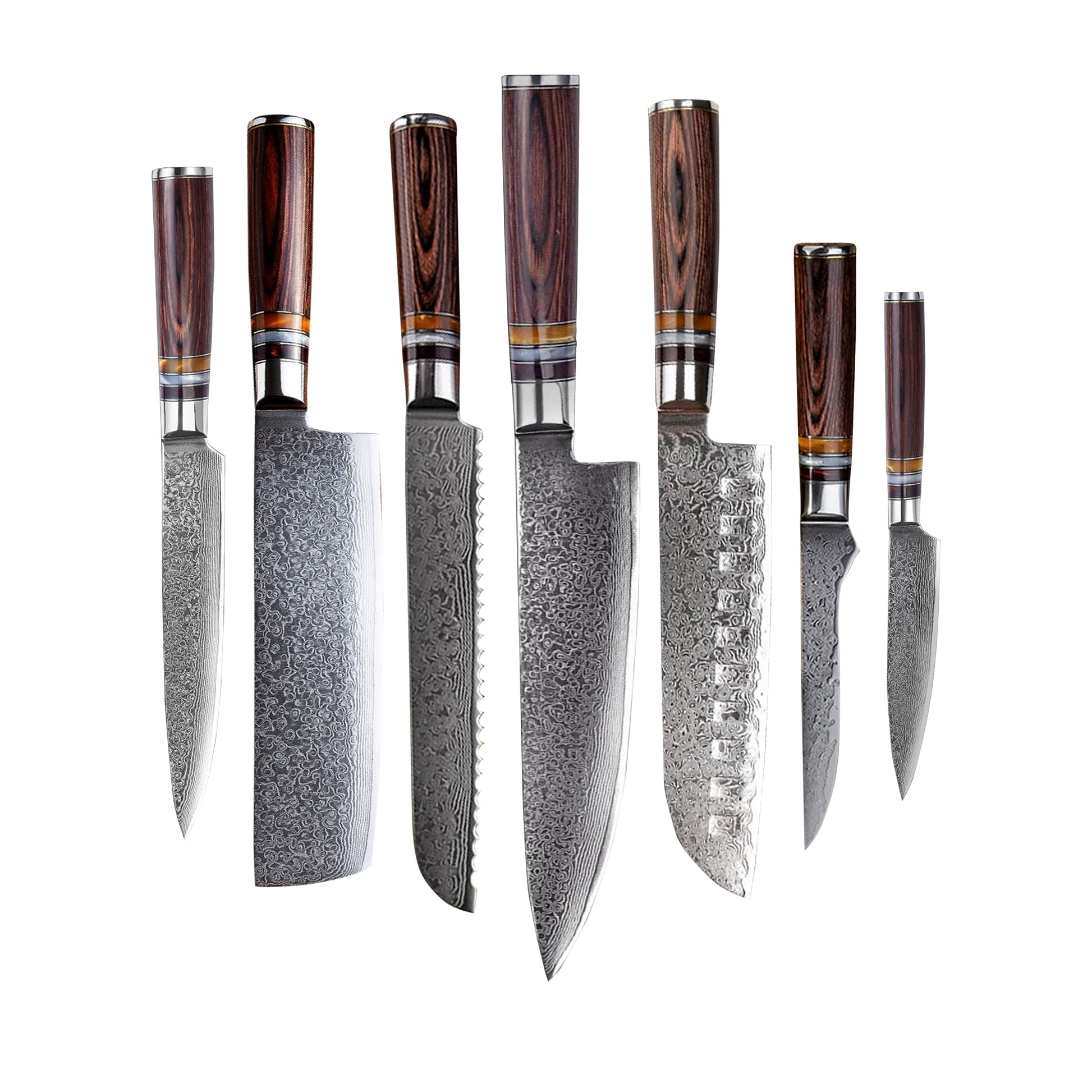 Micarta Jewels 7-delige Damascus Messenset + Acaciahouder Dubbelzijdig Messensets Shinrai Japan 